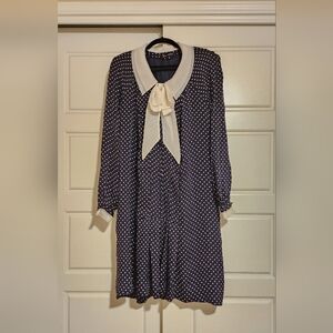 Vintage Haute Couture Dark Blue Dress with White Polka Dots